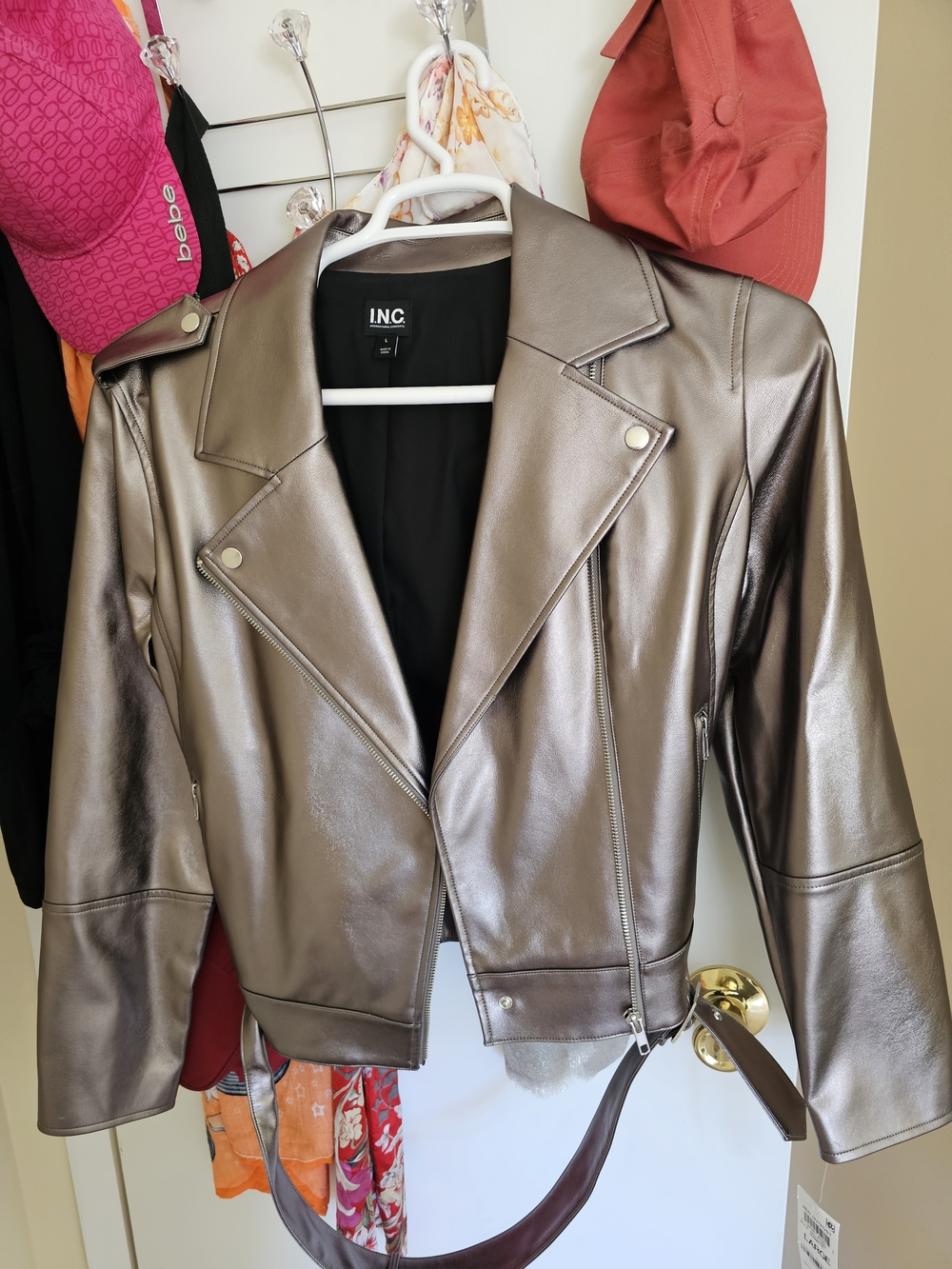INC International Concepts Metallic Taupe Faux-Leather Moto Jacket